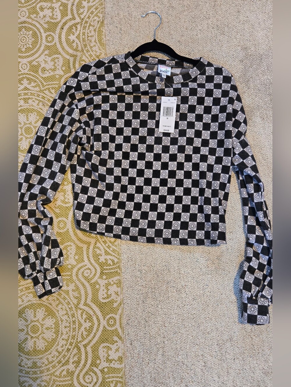 Belle Du Jour Black and White Checker Floral Long-Sleeve Top